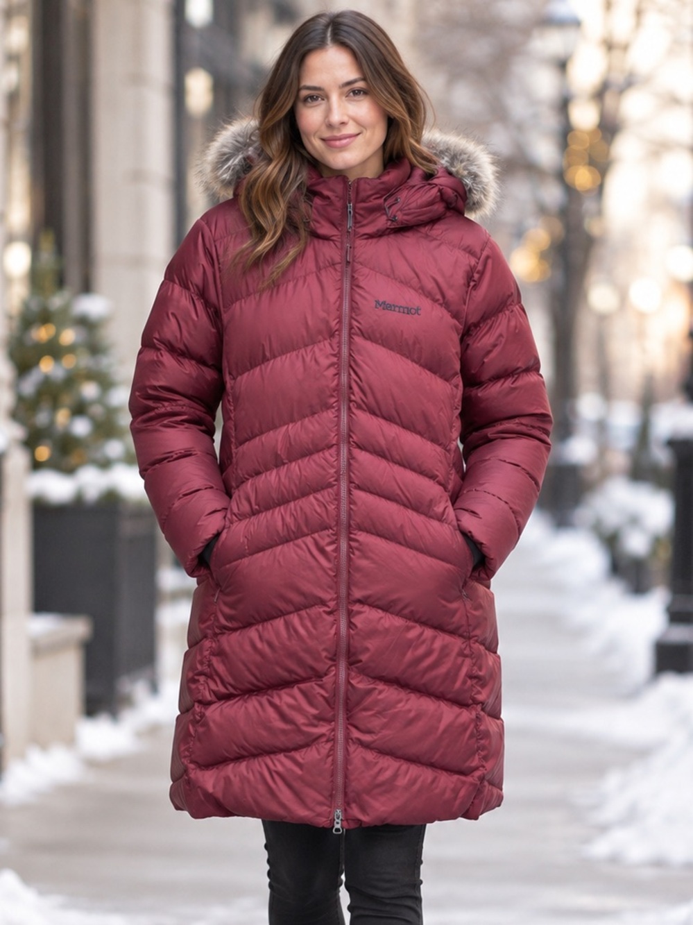 Marmot Women's Burgundy Quilted Long Puffer Coat with Faux-Fur Hood Size XXL